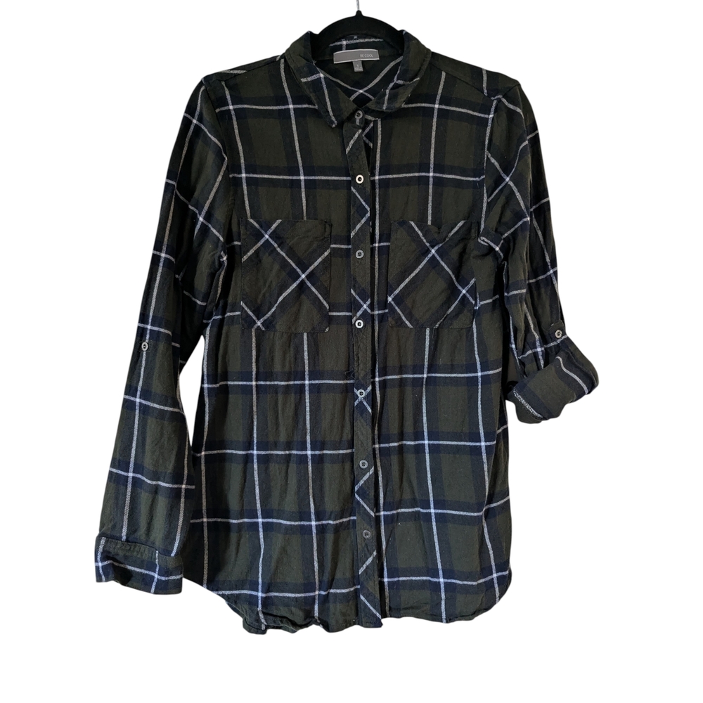 BE COOL Women's Olive Plaid Button Down Shirt - S